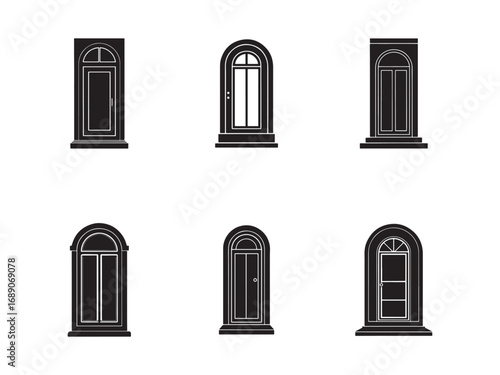 Collection of Black and White Door Icons Vector Illustration Decorative Entrance Design Different Styles Modern and Classic Designs Entryway Variations