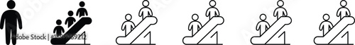 Human figure icon set, people on escalator, person silhouette, ascending escalator, user icons, public transport symbols, vector line art
