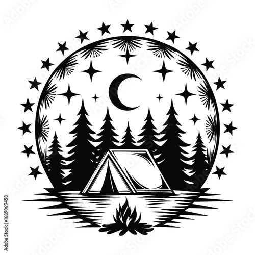 Serene nighttime camping scene with a tent campfire and starry moonlit sky over a forest and water