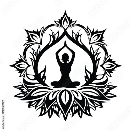 Silhouette of a person meditating in a lotus pose within an intricate floral mandala design