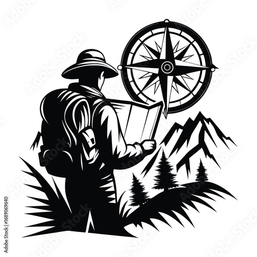 Adventurous hiker with backpack and compass studies map in mountainous landscape with pine trees