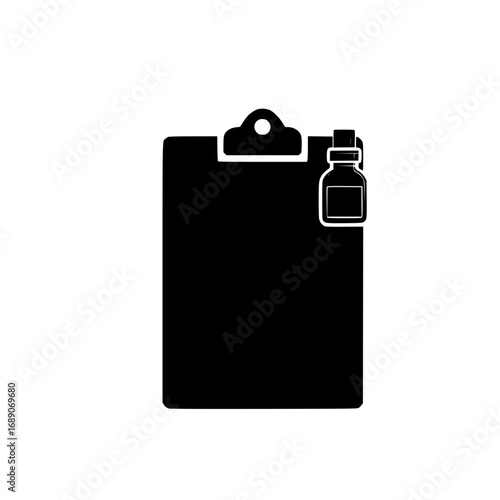 Prescription bottle icon on clipboard for hospital workflow and medication management documentation