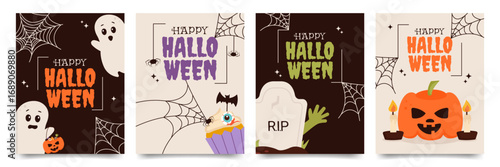 Happy Halloween postcards set with ghosts, pumpkin, zombie hand, cupcake and spider webs. Vector template for advertising, web, greeting cards or social media.
