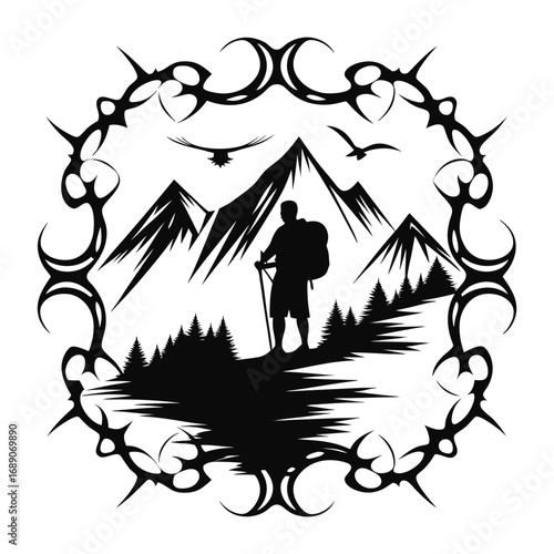 Silhouette of a lone hiker standing on a mountain path with peaks and birds above