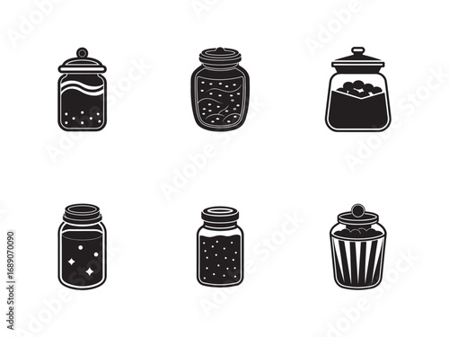 Collection of Black and White Jar Illustrations for Food Storage and Organization in a Clean Minimalist Style