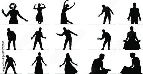 Silhouette people expressing emotions, body language poses, dance movements, expressive gestures, standing and sitting figures, diverse human expressions, communication and interaction.