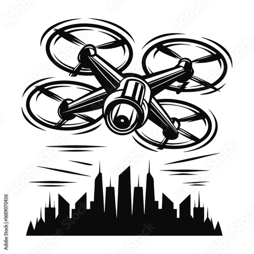 Sketch of a quadcopter drone flying over a stylized city skyline at night