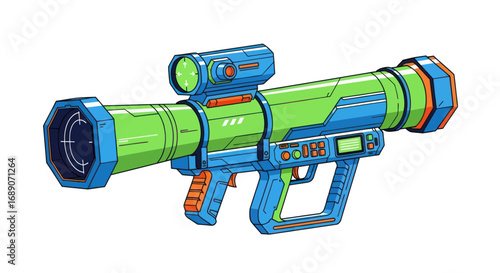 Futuristic Toy Rocket Launcher with Scope and Bright Colors.