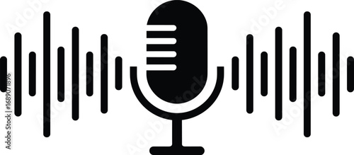 Microphone Icon with Sound Waves, Podcast Symbol, Audio Recording Vector, Broadcast Equipment Illustration, Music Studio Design for Digital Media Use