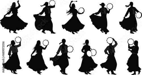 Silhouette of women dancing with tambourines in traditional dress, folk dance celebration, cultural heritage, ethnic performance, festive vector illustration.Silhouette of women dancing