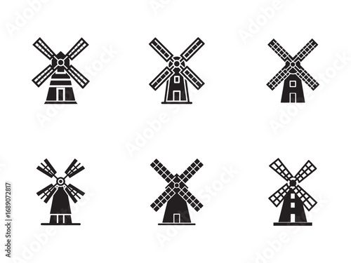 Collection of Black Silhouette Windmill Illustrations Representing Renewable Energy and Agricultural History against White Background