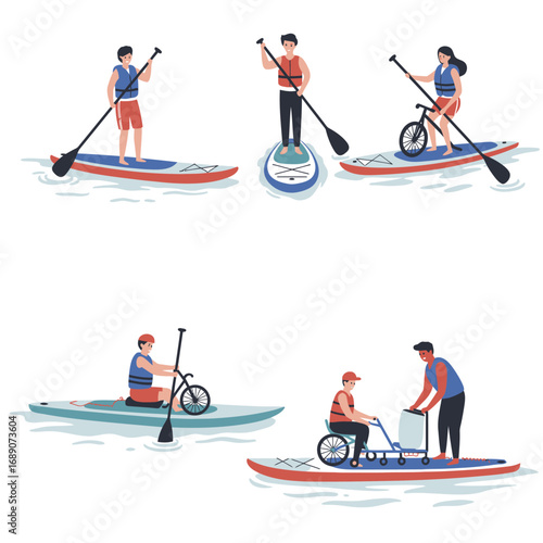 Inclusive Paddleboarding Vector Illustration: Empowering Diverse Abilities in Adaptive Water Sports