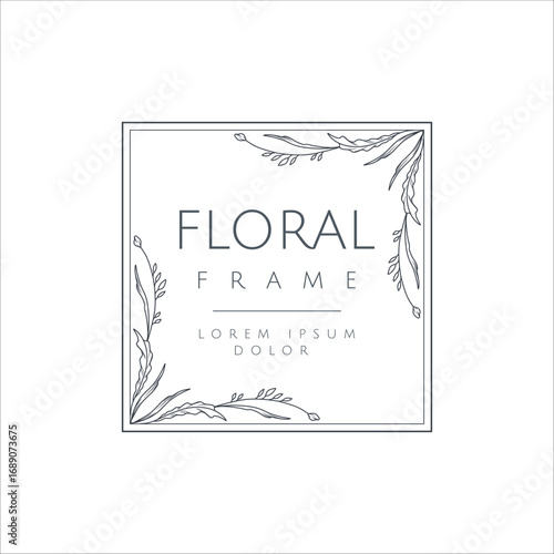 Abstract vector botanical frame. Logo template with hand drawn elegant flowers in line art style