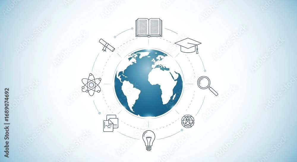 Fototapeta premium Global Education and Knowledge Concept Illustrating Worldwide Learning Opportunities and Scientific Discovery with Digital Icons Representing Intellectual Pursuits and Research