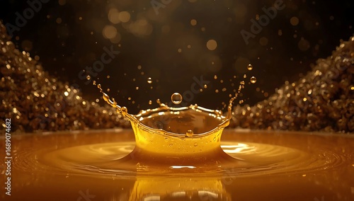 Golden liquid splash crown formation with coffee beans background