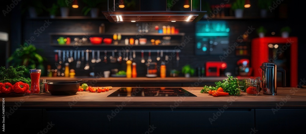 Fototapeta premium Modern Kitchen Interior with Fresh Vegetables and Cooking Equipment