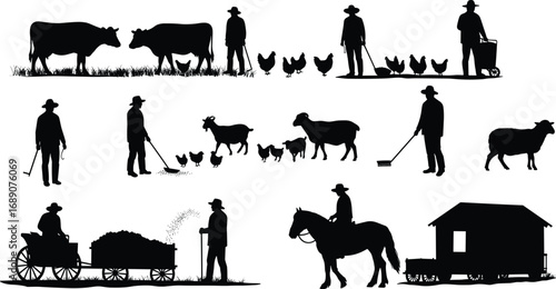Silhouette of farmers with cows, goats, chickens, wagons, tools, and horse in rural farm scene, agriculture lifestyle vector illustration.