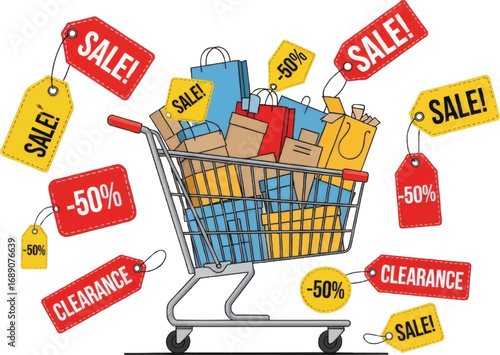 Shopping spree sale with cart full of merchandise