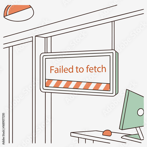 A digital sign displays an error message above an outdated green monitor and orange mouse