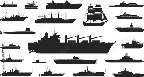 Collection of Ship Silhouettes, Cargo Vessels, Submarines, and Military Boats, Perfect for Marine Transport, Navy, Logistics, and Nautical Design
