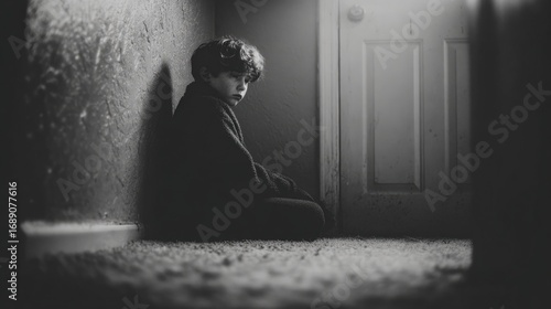 Boy Sitting Against Wall (Black and White)