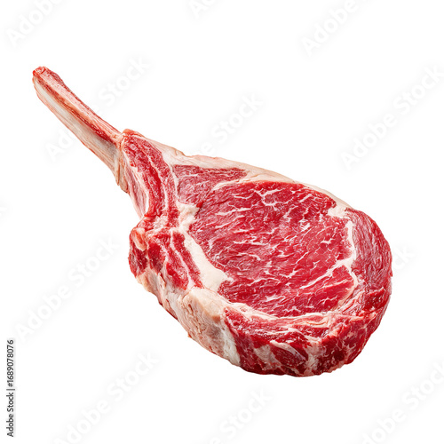 raw tomahawk steak with thick cut and long bone isolated on white
