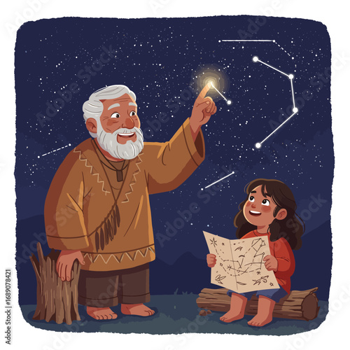 Intergenerational Learning Vector Illustration: Wise Elder and Child Explore Night Sky Constellations & Indigenous Astronomy