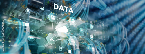Cloud server and computing, data storage and processing on server background
