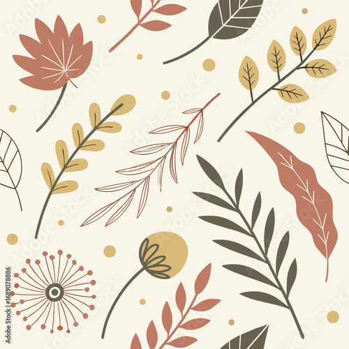 Scattered autumnal botanical elements on a white backdrop feature diverse foliage and simple shapes