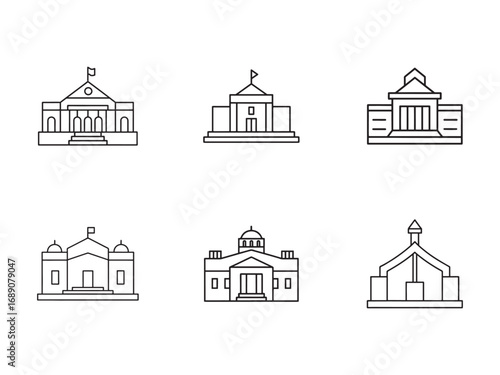 Collection of Government Buildings Line Art Iconography Featuring Courthouses and Capitols Depicting Justice and Political Institutions