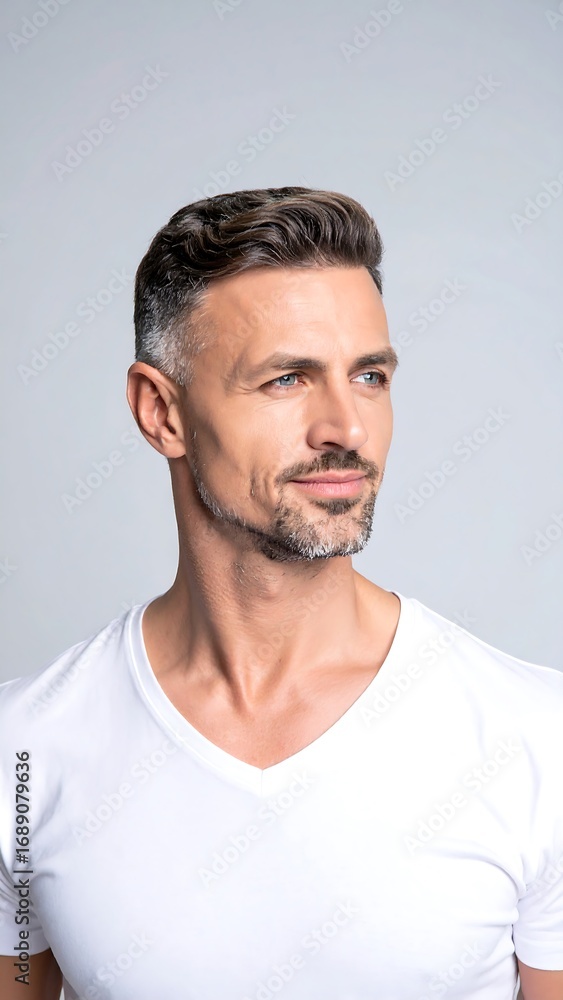Obraz premium Man with short gray hair and a white v-neck shirt