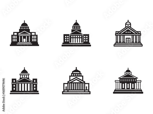 Collection of governmental building icons in black and white featuring dome structures and classical architectural styles for web design