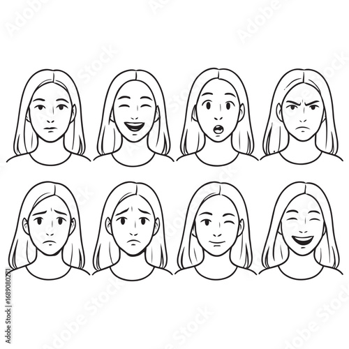 facial expression variation set of a young woman vector