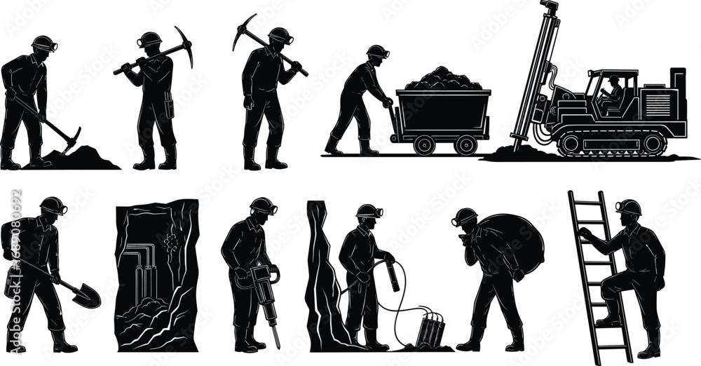 Obraz premium Mining workers with tools and machinery, underground coal mining, manual labor, industrial equipment, safety helmets, drilling, excavation, heavy industry, mining teamwork.