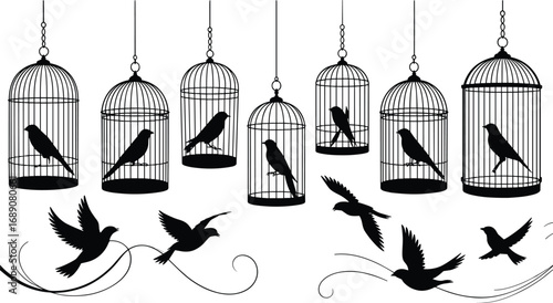 Silhouette Set of Birds in Cages and Flying, Decorative Freedom Concept Illustration, Perfect for Design, Tattoo, Logo, and Craft Projects
