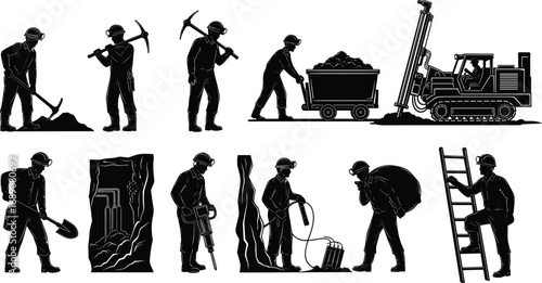 Mining workers with tools and machinery, underground coal mining, manual labor, industrial equipment, safety helmets, drilling, excavation, heavy industry, mining teamwork.