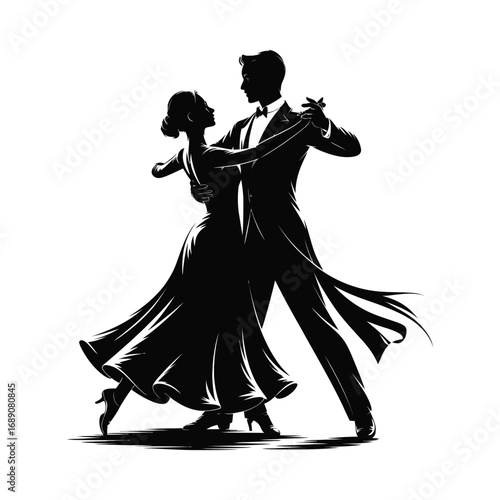 Refined Ballroom Dance Silhouette Illustration of Couple Dancing on White Background