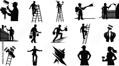 Painter using roller, brush, sprayer, climbing ladder, holding bucket, painting fence, wall, home, professional worker, silhouette vector illustration.