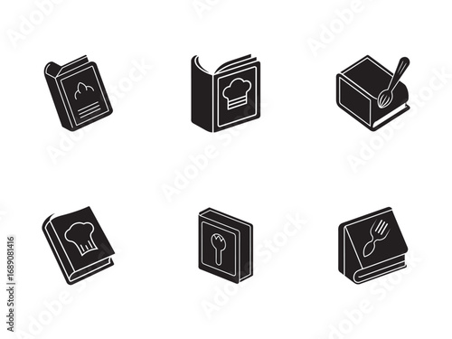 Collection of Illustrated Cookbook Icons for Culinary Arts and Recipe Inspiration Black and White Isometric Design
