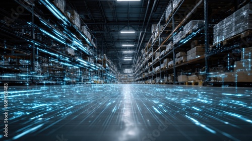 Wallpaper Mural Blurry warehouse interior with rows of packed boxes on shelves. Digital, flowing light trails accent the floor. Perspective is linear, vanishing point center Torontodigital.ca