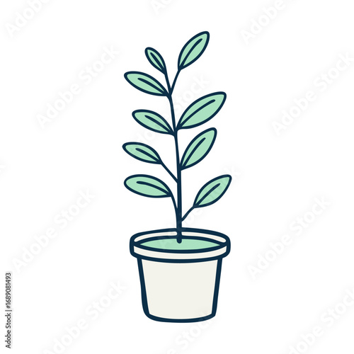 Green potted houseplant with lush leaves and a young sprout, a simple vector illustration of nature and growth