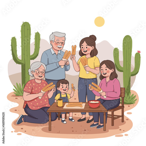 Joyful Multi-Generational Family Sharing Authentic Churros: A Vibrant Cultural Celebration Vector Illustration