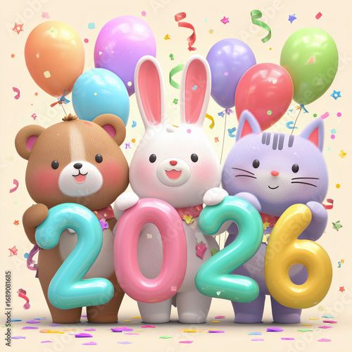 Cute Cartoon Animals with 2026 BalloonsBear Bunny Cat Holding 2026 NumbersHappy New Year 2026 Cartoon AnimalsCute 2026 Celebration with BalloonsCartoon Bear Rabbit Cat 2026 Party