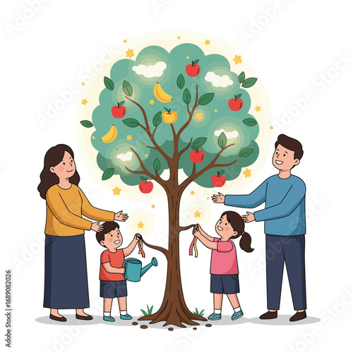 Family Cultivating a Bright Future: Nurturing Growth and Shared Dreams, Vector Illustration