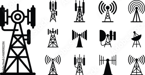 Telecommunication tower icons set, signal transmission symbols, antenna tower silhouettes, wireless network infrastructure, broadcast tower vector illustrations, communication technology graphics