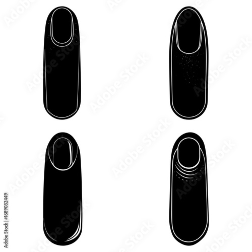 Four black and white illustrations of human fingernails with varying detail and shading present
