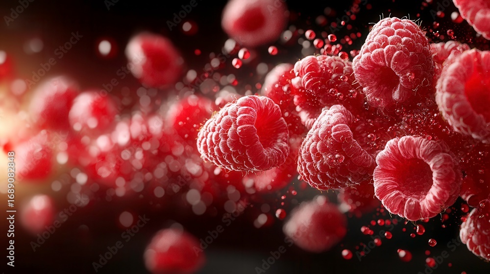 Fototapeta premium Vivid Red Raspberries with Water Splashes on Dark Background