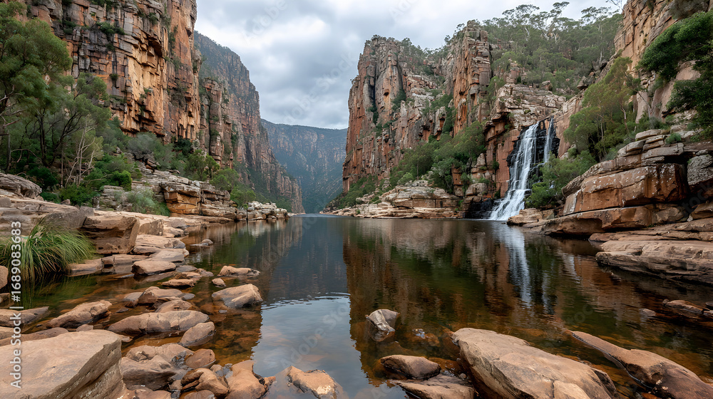 Obraz premium A waterfall cascading into a calm pool surrounded by rocky cliffs and lush vegetation.