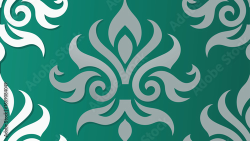Teal Background with Silver and White Damask Pattern abstract ornate