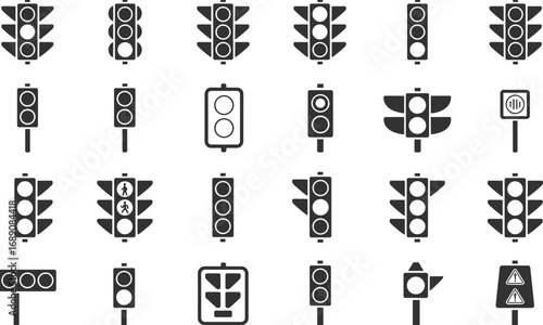 Traffic light icons set, traffic signal symbols, pedestrian crossing lights, road safety signs, stop and go signals, traffic management icons, street light illustrations